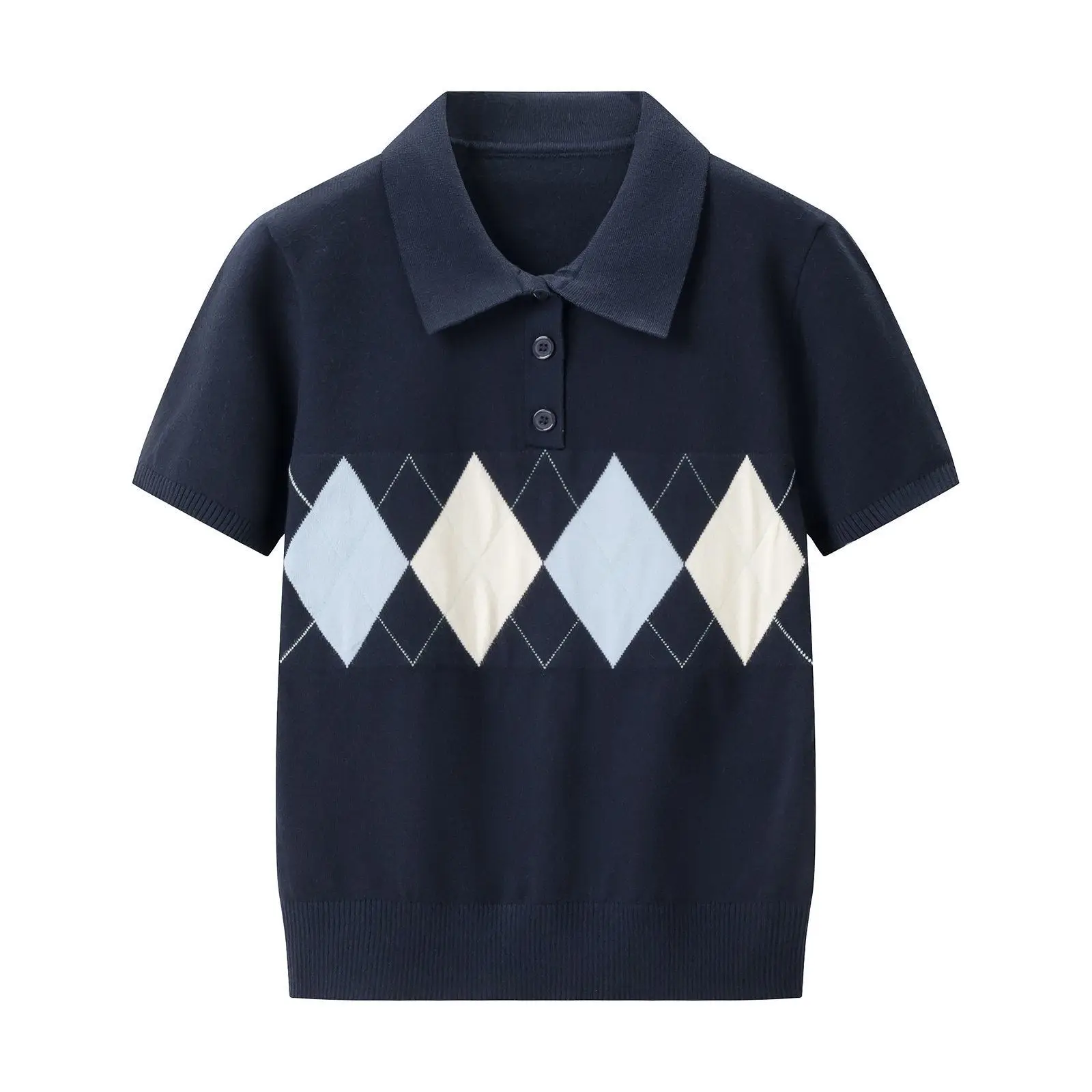 2026 summer new Korean college style rhombus POLO collar short-sleeved knitted sweater women's versatile T-shirt
2026 summer new Korean college style rhombus POLO collar short-sleeved knitted sweater women's versatile T-shirt