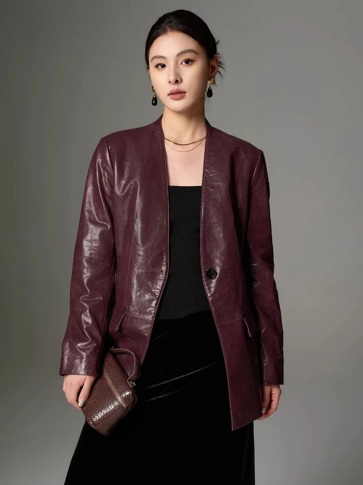 V-neck Elegant Genuine Leather Jacket for Women Spring Autumn 2026 High-end Solid Simple Slim Oil Wax Real Goatskin Leather Coat
V-neck Elegant Genuine Leather Jacket for Women Spring Autumn 2026 High-end Solid Simple Slim Oil Wax Real Goatskin Leather Coat