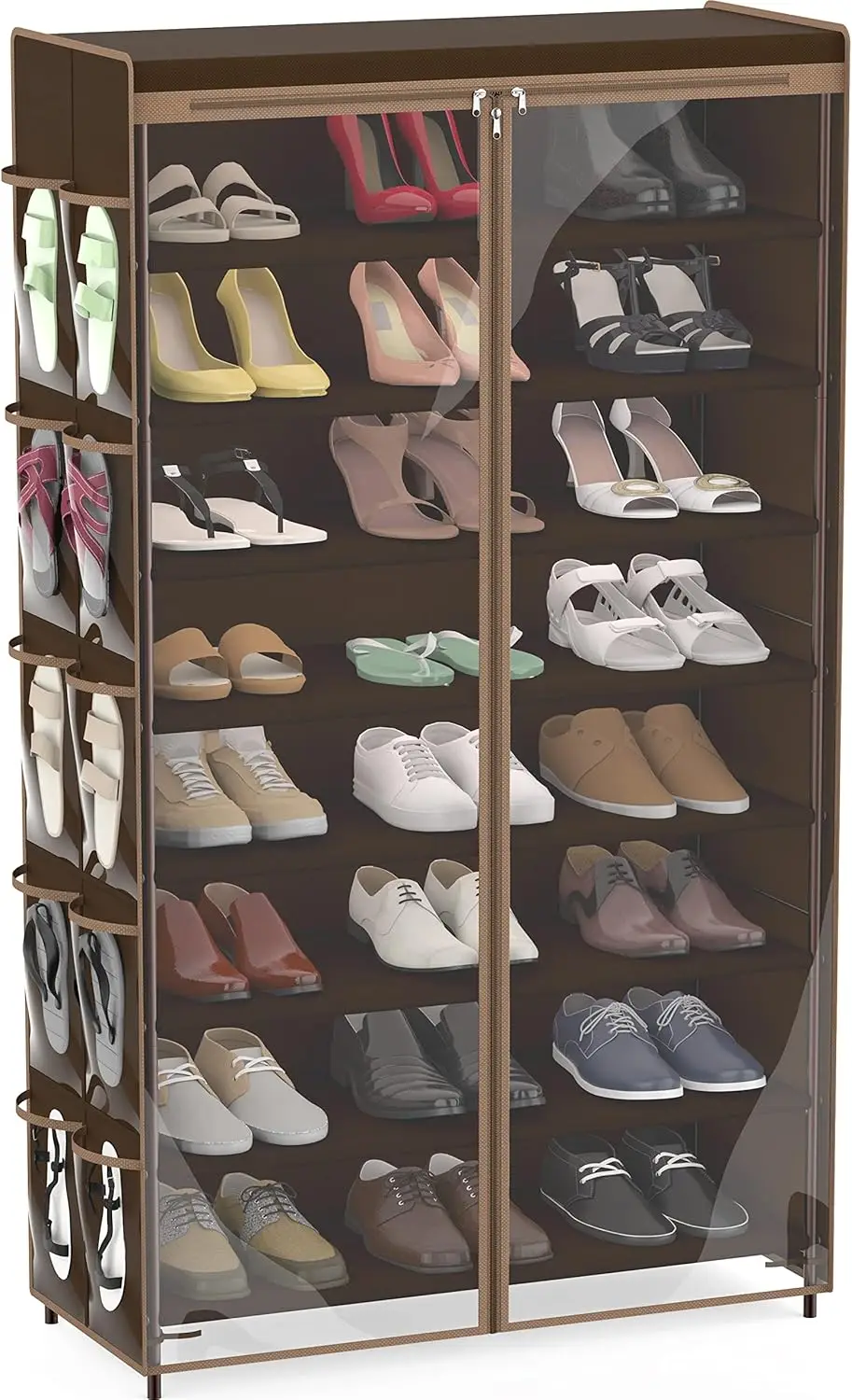 8 Tiers Shoe Rack with Zipper Cover | Side Hanging Pockets, Brown
8 Tiers Shoe Rack with Zipper Cover | Side Hanging Pockets, Brown