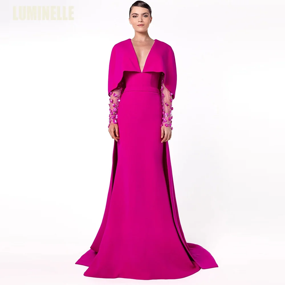 Deep V-Neck Evening Dress with Floral-Embellished Sleeves Mermaid Crepe Prom Dresses For Women 2026 Caped-effect Gowns Customize
Deep V-Neck Evening Dress with Floral-Embellished Sleeves Mermaid Crepe Prom Dresses For Women 2026 Caped-effect Gowns Customize