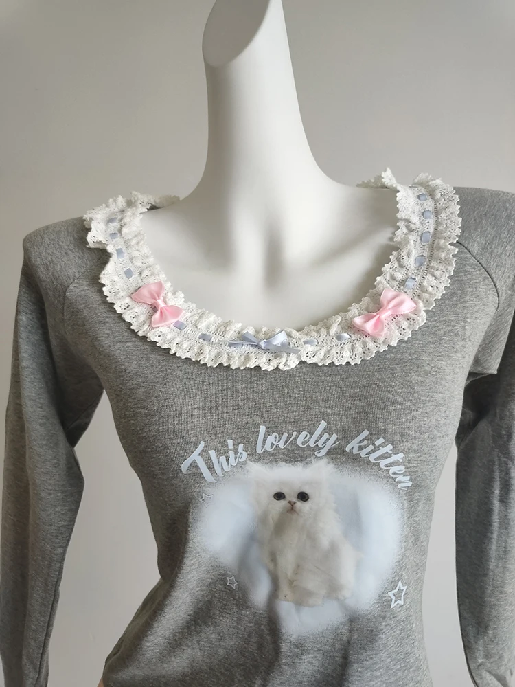 Cute Cat Pattern Tops Tee Women Long Sleeve Bows Lace Trim Gray Tshirts for Sweet Girls Kawaii Clothes
Cute Cat Pattern Tops Tee Women Long Sleeve Bows Lace Trim Gray Tshirts for Sweet Girls Kawaii Clothes