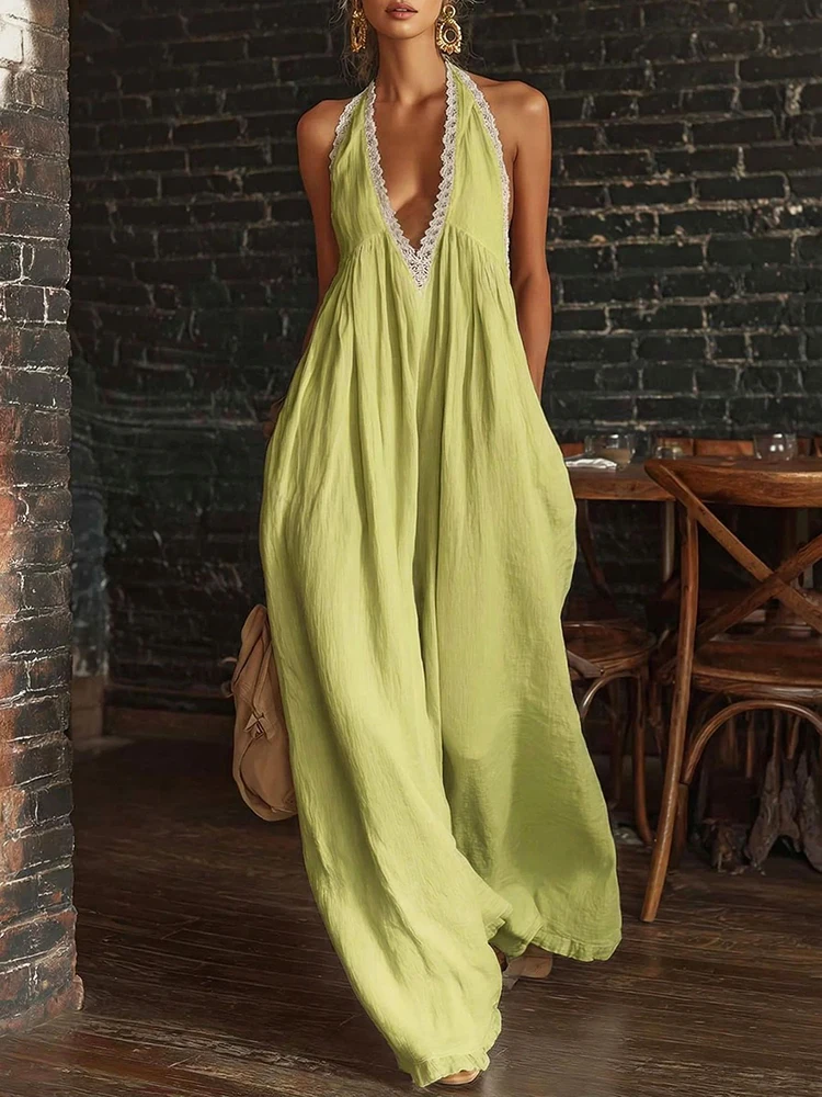 2026 Summer New Elegant Sleeveless Simple Playsuit V-neck Lace Splicing Long Jumpsuits Casual Wide Leg Pure Women's Loose Romper
2026 Summer New Elegant Sleeveless Simple Playsuit V-neck Lace Splicing Long Jumpsuits Casual Wide Leg Pure Women's Loose Romper