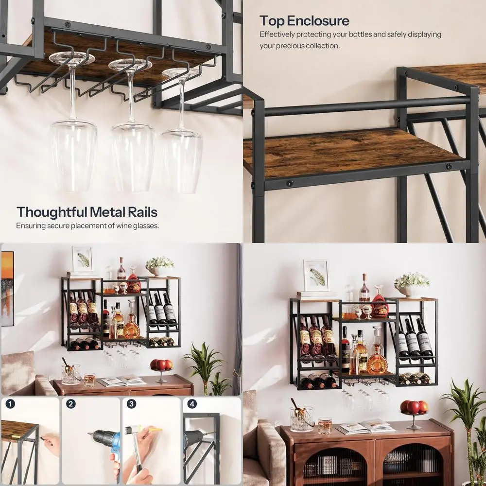 3-Tier Wall-Mounted Wine Rack with Glass Holder, Rustic Brown and Black, for Home Bar, Dining, Kitchen, Living Room Storage
3-Tier Wall-Mounted Wine Rack with Glass Holder, Rustic Brown and Black, for Home Bar, Dining, Kitchen, Living Room Storage