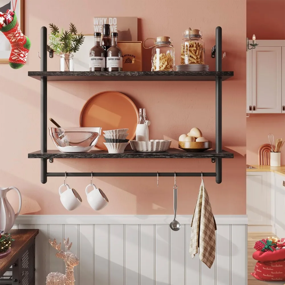 Industrial Style Floating Wall Shelf - 31 Kitchen Rack with Towel Bar and Hooks for Coffee and Wine Display
Industrial Style Floating Wall Shelf - 31 Kitchen Rack with Towel Bar and Hooks for Coffee and Wine Display