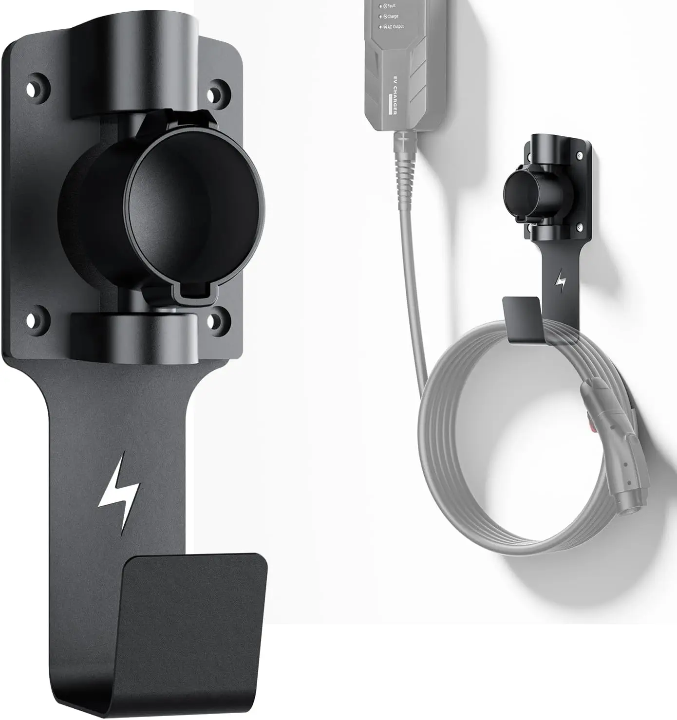 EV Charger Holder with 180° Rotating Nozzle Dock, Metal J-Hook for J1772, Wall-Mount Cable Organizer
EV Charger Holder with 180° Rotating Nozzle Dock, Metal J-Hook for J1772, Wall-Mount Cable Organizer