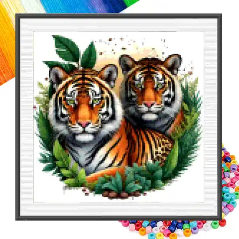 Partial Bead Embroidery Kits Majestic Tigers in Jungle Setting Threads DIY Full 11CT Cross Stitch Art Animals Décor