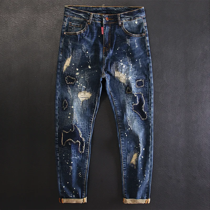 Splash ink patch ripped jeans for men, slim fit, elastic, street style, retro fashion, high-end denim, small leg pants
Splash ink patch ripped jeans for men, slim fit, elastic, street style, retro fashion, high-end denim, small leg pants