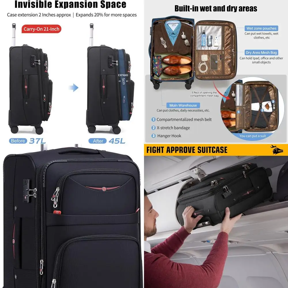 Расширяемый 4-колесный спиннерный чемодан, прочный 21-дюймовый чемодан для ручной клади черного цвета
Расширяемый 4-колесный спиннерный чемодан, прочный 21-дюймовый чемодан для ручной клади черного цвета