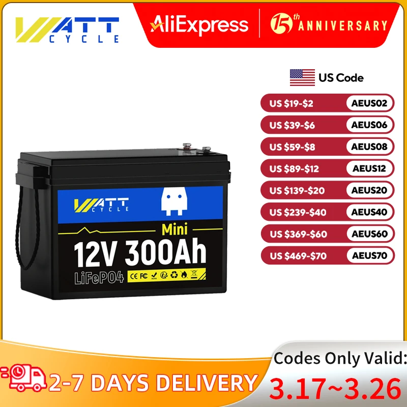 WattCycle 12V 300Ah Mini LiFePO4 Battery Grade A Cells Rechargeable Efficient Portable Lithium Iron Phosphate Batteries
WattCycle 12V 300Ah Mini LiFePO4 Battery Grade A Cells Rechargeable Efficient Portable Lithium Iron Phosphate Batteries