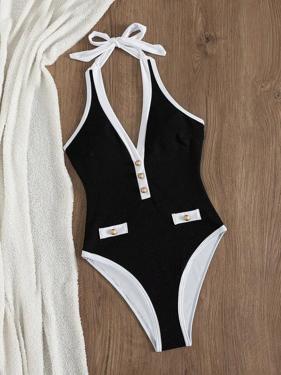 Black One-Piece Swimsuit With White Trim, Deep V-Neck Halter Tie, Button Detail
Black One-Piece Swimsuit With White Trim, Deep V-Neck Halter Tie, Button Detail