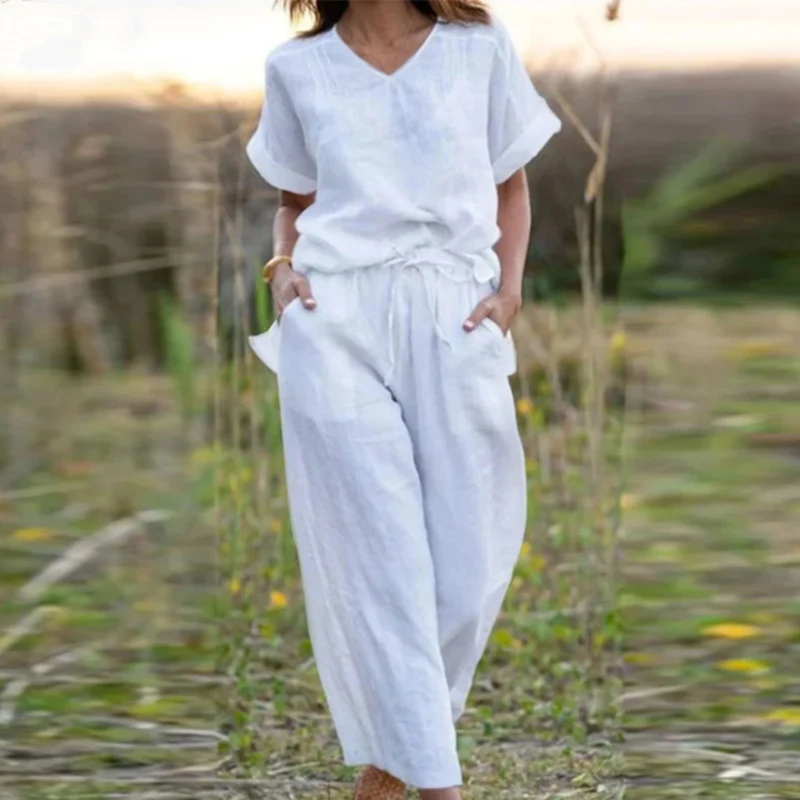 Sexy V-neck Short Sleeve Top & Wide Leg Pant Set Lady Fashion Drawstring Tie-up Solid 2Pc Suit Casual Cotton Linen Loose Outfits
Sexy V-neck Short Sleeve Top & Wide Leg Pant Set Lady Fashion Drawstring Tie-up Solid 2Pc Suit Casual Cotton Linen Loose Outfits