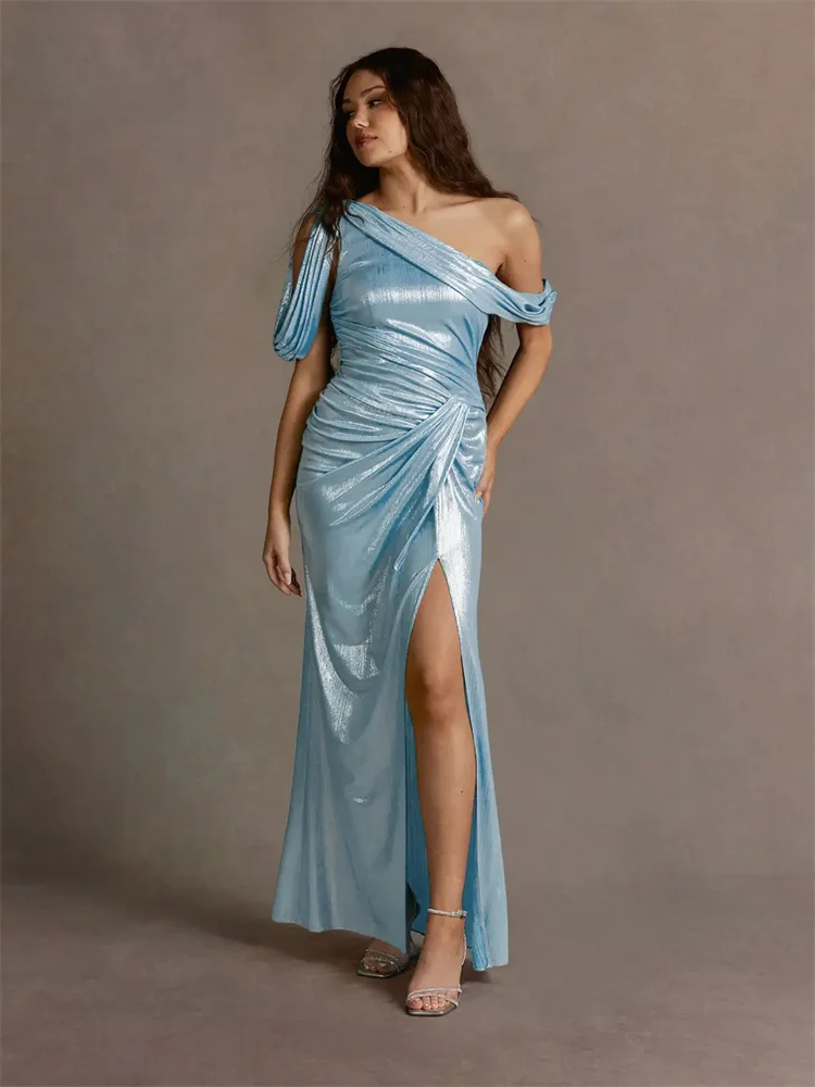Customized Elegant Blue Strapless Evening Dress With Dropped Shoulders, Asymmetrical Neckline, Pleated Skirt And High Slit Dress
Customized Elegant Blue Strapless Evening Dress With Dropped Shoulders, Asymmetrical Neckline, Pleated Skirt And High Slit Dress