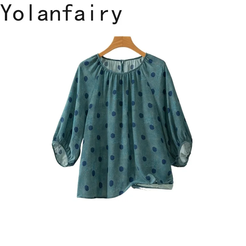 YOLANFAIRY Women Blue Polka Dot Silk Crepe T-shirt 100% Real Mulberry Silk Blouse Lantern Sleeve Loose Summer Tops Tee Shirt
YOLANFAIRY Women Blue Polka Dot Silk Crepe T-shirt 100% Real Mulberry Silk Blouse Lantern Sleeve Loose Summer Tops Tee Shirt