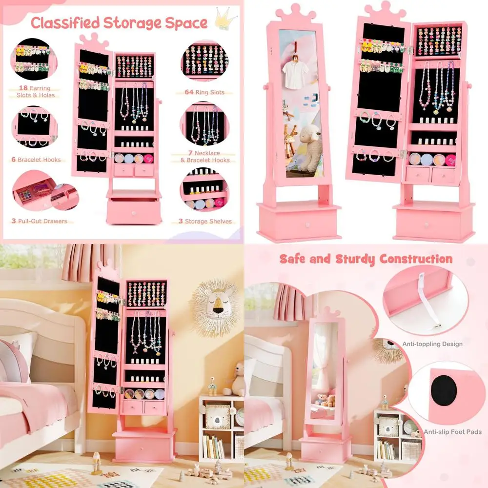 Children's Jewelry Armoire with Full-Length Mirror, 64 Ring Holders, Standing Storage Organizer for Girls, Pink
Children's Jewelry Armoire with Full-Length Mirror, 64 Ring Holders, Standing Storage Organizer for Girls, Pink