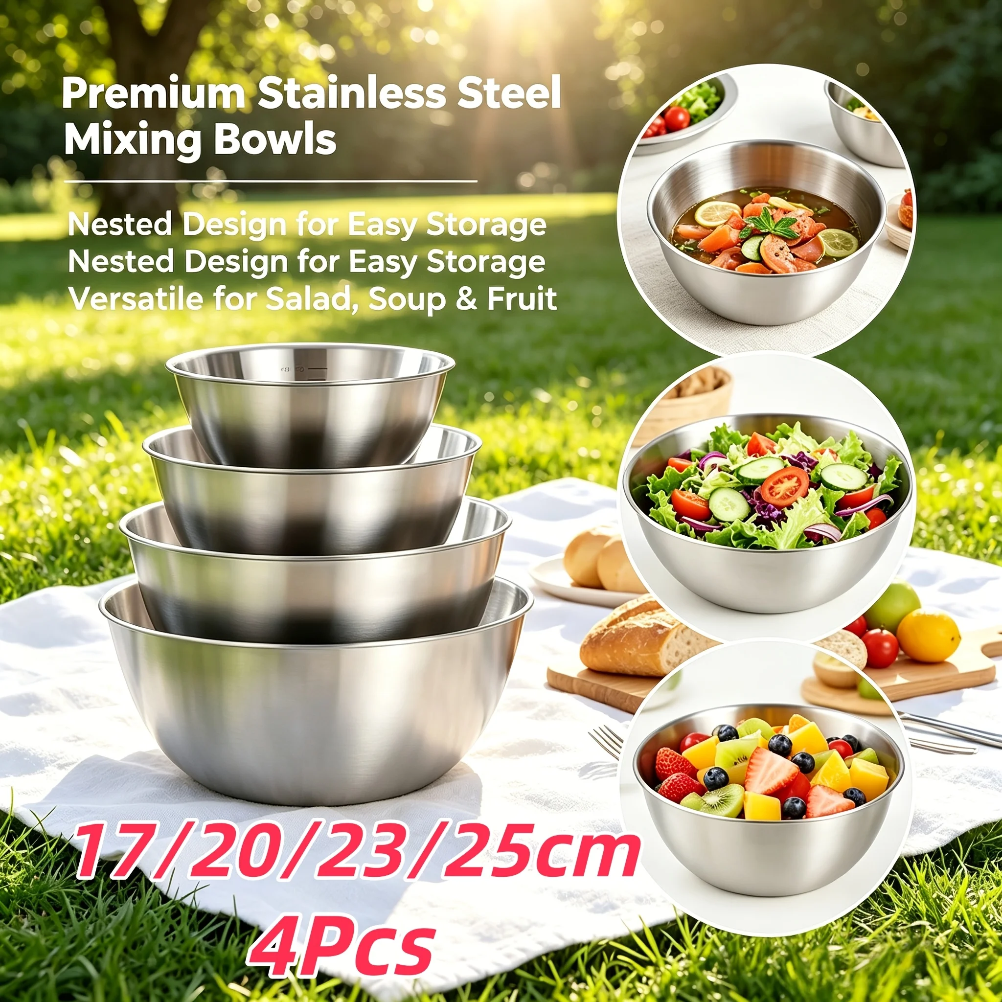 4Pcs, 17/20/23/25cm Multifunctional Kitchen Stainless Steel Bowls for Baking, Egg Beating, Dough Kneading, Ingredient Preparation, Salad Serving, Vegetable Washing and Draining, Household Storage Bowls. Multifunctional Kitchen Baking and Ingredient-Prepar
4Pcs, 17/20/23/25cm Multifunctional Kitchen Stainless Steel Bowls for Baking, Egg Beating, Dough Kneading, Ingredient Preparation, Salad Serving, Vegetable Washing and Draining, Household Storage Bowls. Multifunctional Kitchen Baking and Ingredient-Prepar