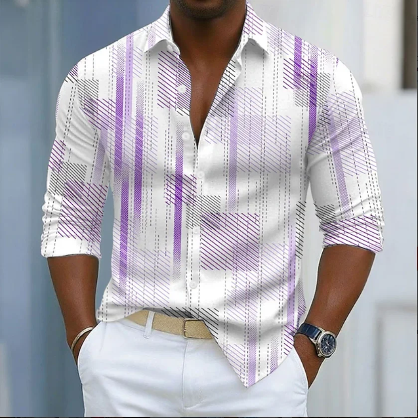 New purple white contrasting geometric stripe men's long sleeved shirt, light luxury business style casual shirt
New purple white contrasting geometric stripe men's long sleeved shirt, light luxury business style casual shirt