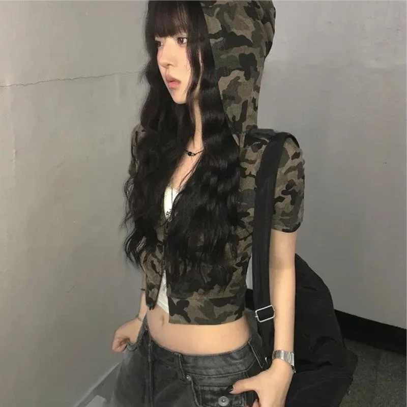 Street Style Korean Camouflage Zipper Slim Fit Short Sleeve Hoodie T-Shirt Women's Open Cardigan Short Top Summer Wear
Street Style Korean Camouflage Zipper Slim Fit Short Sleeve Hoodie T-Shirt Women's Open Cardigan Short Top Summer Wear