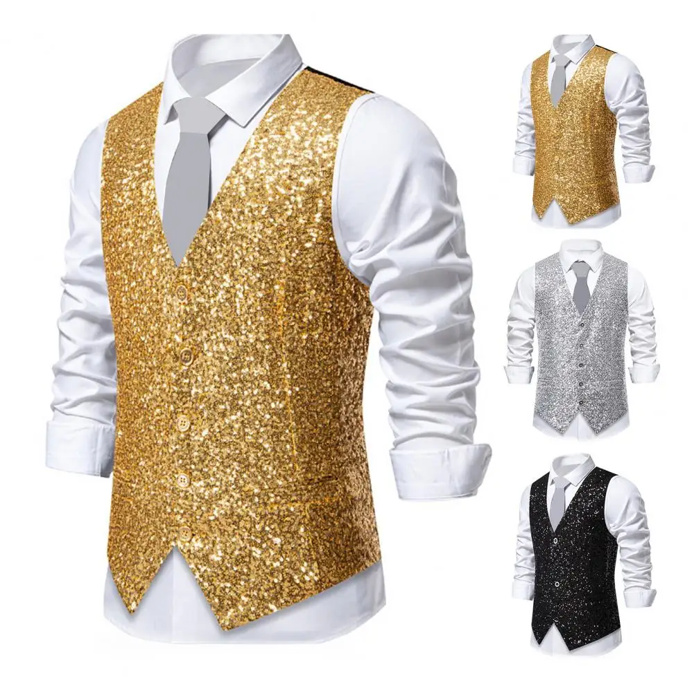 Men Waistcoat V-neck Sleeveless Single Breasted Vest Coat Shiny Sequins Sleeveless Suit Vest Parties Nightclubs Vest Coat
Men Waistcoat V-neck Sleeveless Single Breasted Vest Coat Shiny Sequins Sleeveless Suit Vest Parties Nightclubs Vest Coat