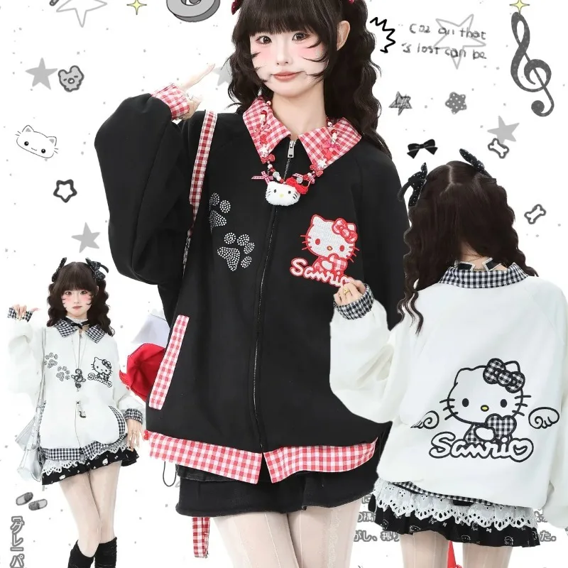 Kawaii Hello Kitty пальто с искусственным воротником для девочек, весенне-осеннее пальто с персонажами аниме, аксессуары для вышивки, клетчатое пальто, одежда 
Kawaii Hello Kitty пальто с искусственным воротником для девочек, весенне-осеннее пальто с персонажами аниме, аксессуары для вышивки, клетчатое пальто, одежда