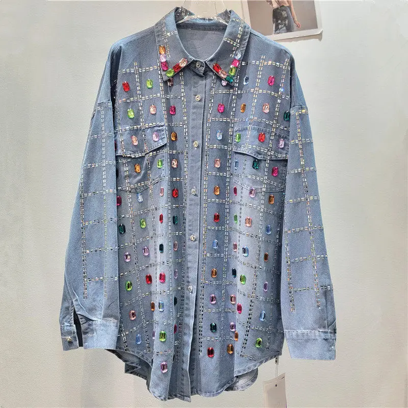 Fashion Rivet Diamond Mid-Length Thin Denim Shirt Jacket Women Loose Lapel Single-Breasted Long Sleeve Jeans Jackets Streetwear
Fashion Rivet Diamond Mid-Length Thin Denim Shirt Jacket Women Loose Lapel Single-Breasted Long Sleeve Jeans Jackets Streetwear