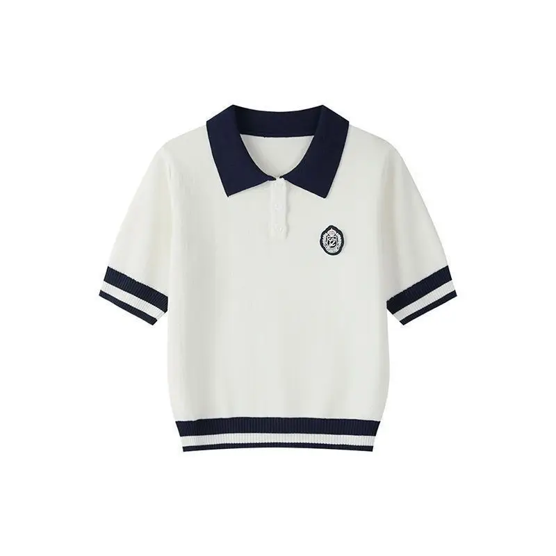 Women Collge Style Polo Collar Short-sleeved Knitted T-shirts Female Summer Badge Embroidery Slim Casual All-match Pullover Tops
Women Collge Style Polo Collar Short-sleeved Knitted T-shirts Female Summer Badge Embroidery Slim Casual All-match Pullover Tops