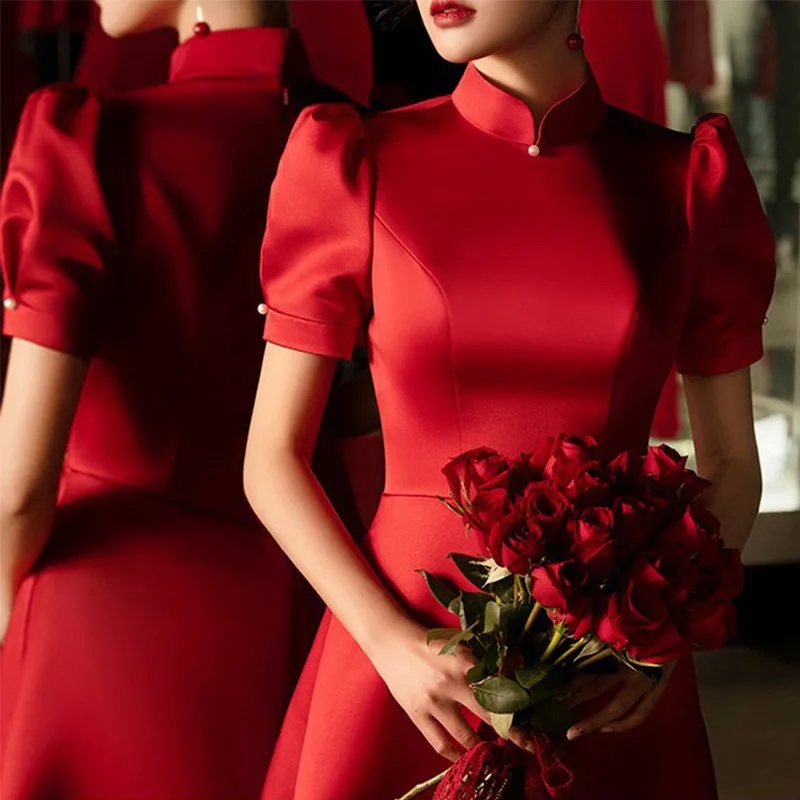 Chinese Style Burgundy Bride Wedding Dress Vintage Mandarin Collar Qipao Plus Size Cheongsam Elegant Temperament Banquet Dress
Chinese Style Burgundy Bride Wedding Dress Vintage Mandarin Collar Qipao Plus Size Cheongsam Elegant Temperament Banquet Dress