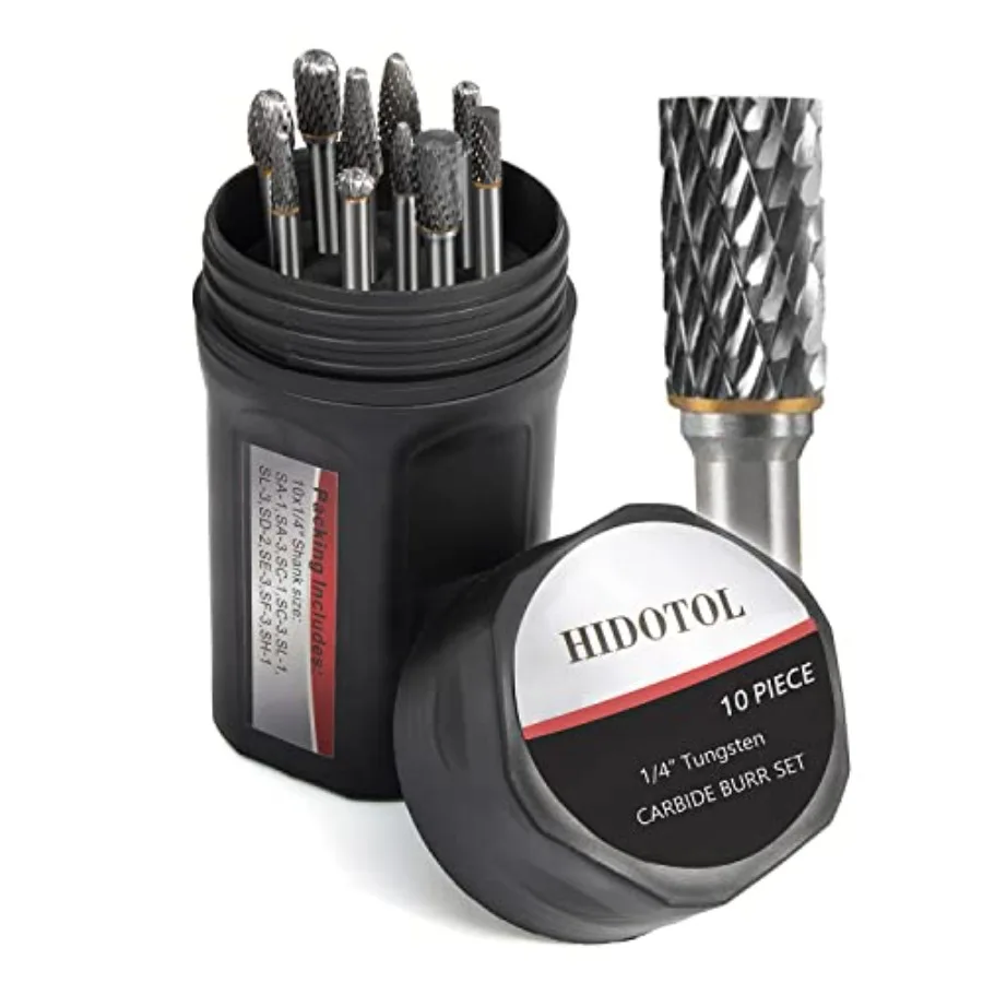 HIDOTOL Carbide Burr Set 1/4" Shank 10PC Tungsten Double Cut Carbide Rotary Burr Set for Metal and Wood Carving Grinding Polish
HIDOTOL Carbide Burr Set 1/4" Shank 10PC Tungsten Double Cut Carbide Rotary Burr Set for Metal and Wood Carving Grinding Polish