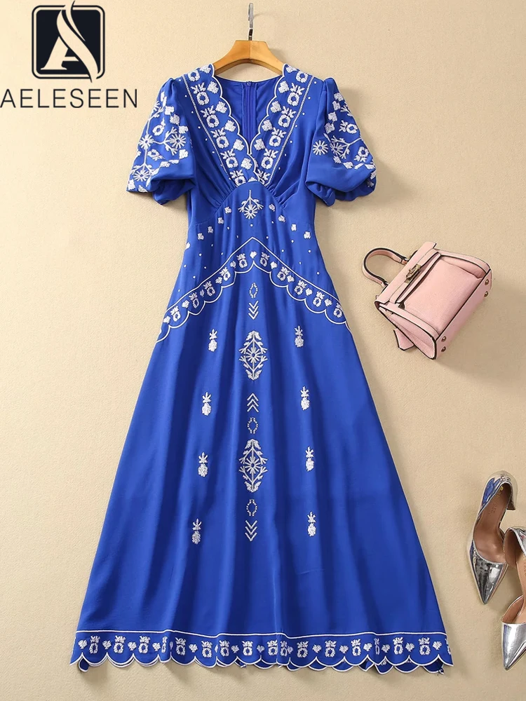 AELESEEN Designer Fashion Summer Dress Women Puff Sleeve V-Neck Flower Embroidery Blue Black High Waist Long Elegant Party
AELESEEN Designer Fashion Summer Dress Women Puff Sleeve V-Neck Flower Embroidery Blue Black High Waist Long Elegant Party