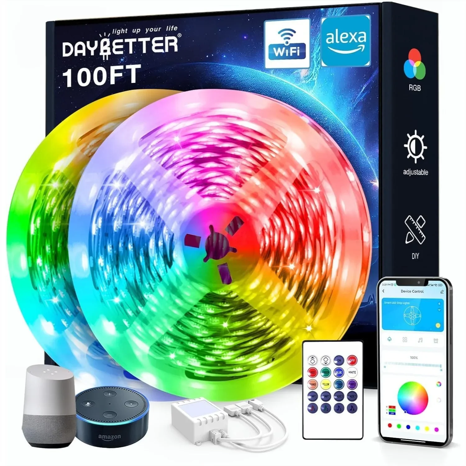 Smart WiFi LED Strip Lights 100ft Work with Alexa Google Assistant, App Voice Control Music Sync RGB for Bedroom Party Decor
Smart WiFi LED Strip Lights 100ft Work with Alexa Google Assistant, App Voice Control Music Sync RGB for Bedroom Party Decor
