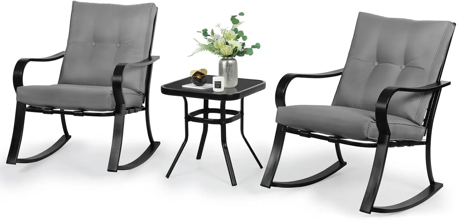 3 Piece Outdoor Rocking Chairs Bistro Set, Metal Frame Patio Conversation Sets with Glass-Top Coffee Table and Cushions,
3 Piece Outdoor Rocking Chairs Bistro Set, Metal Frame Patio Conversation Sets with Glass-Top Coffee Table and Cushions,