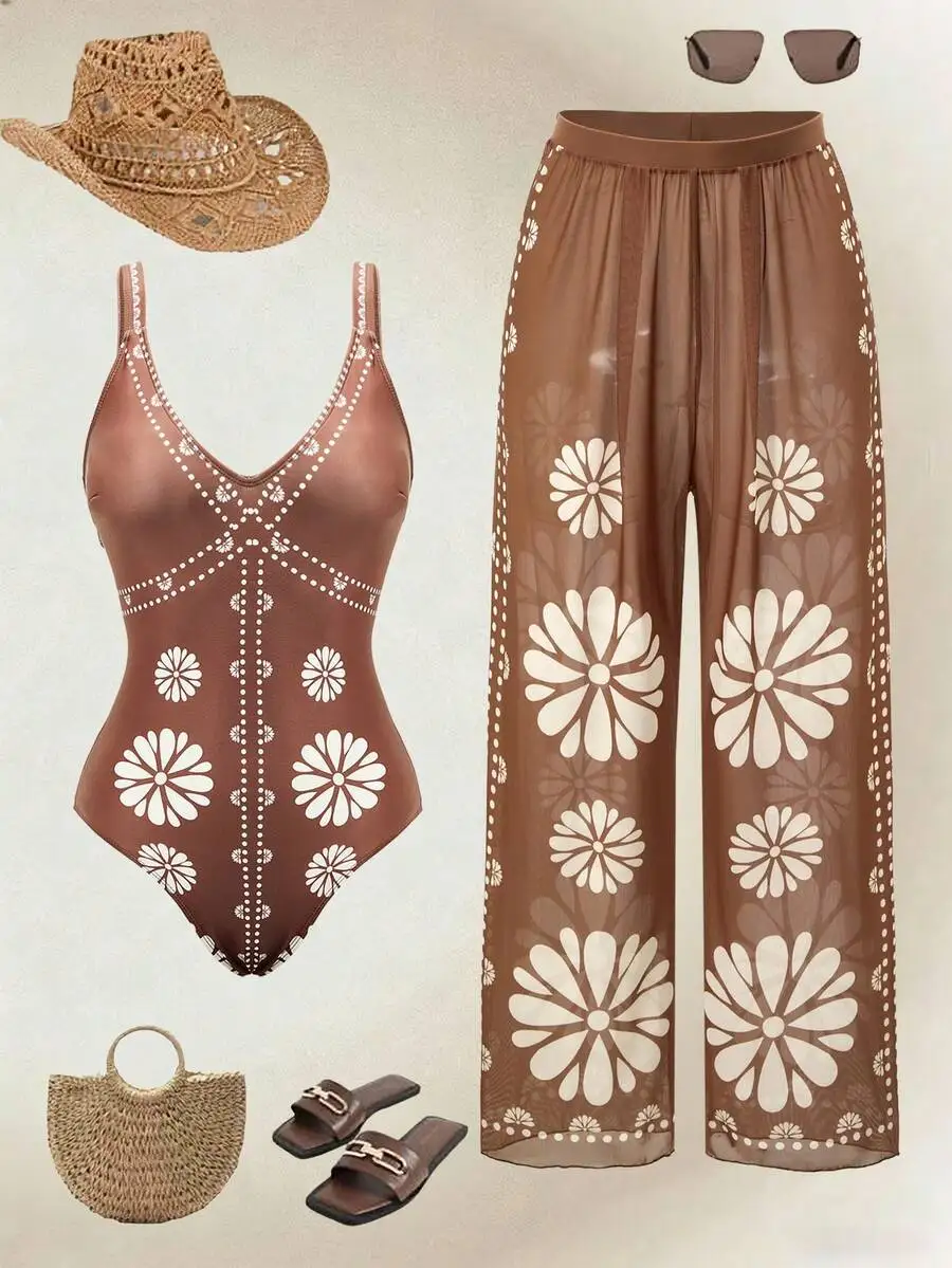 Women Floral Print One Piece Swimsuit With Sheer Pants Cover Up For Summer Vacation
Women Floral Print One Piece Swimsuit With Sheer Pants Cover Up For Summer Vacation