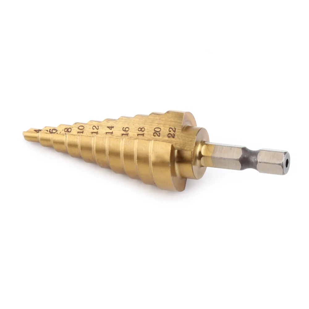 Durable High Speed Steel Step Drill Bit Titanium Coated 4-22mm/4-20mm Power Tools HSS 4241 Hex Shank Cone Bits Metal
Durable High Speed Steel Step Drill Bit Titanium Coated 4-22mm/4-20mm Power Tools HSS 4241 Hex Shank Cone Bits Metal