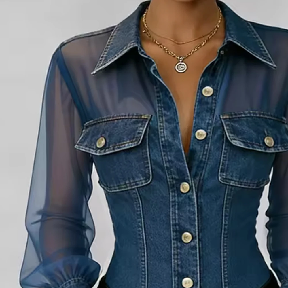 Women's Vintage Denim Sheer Mesh Blouse Long Sleeve Button Down Lapel Chest Pockets Fitted Office Lady Shirt Tops
Women's Vintage Denim Sheer Mesh Blouse Long Sleeve Button Down Lapel Chest Pockets Fitted Office Lady Shirt Tops