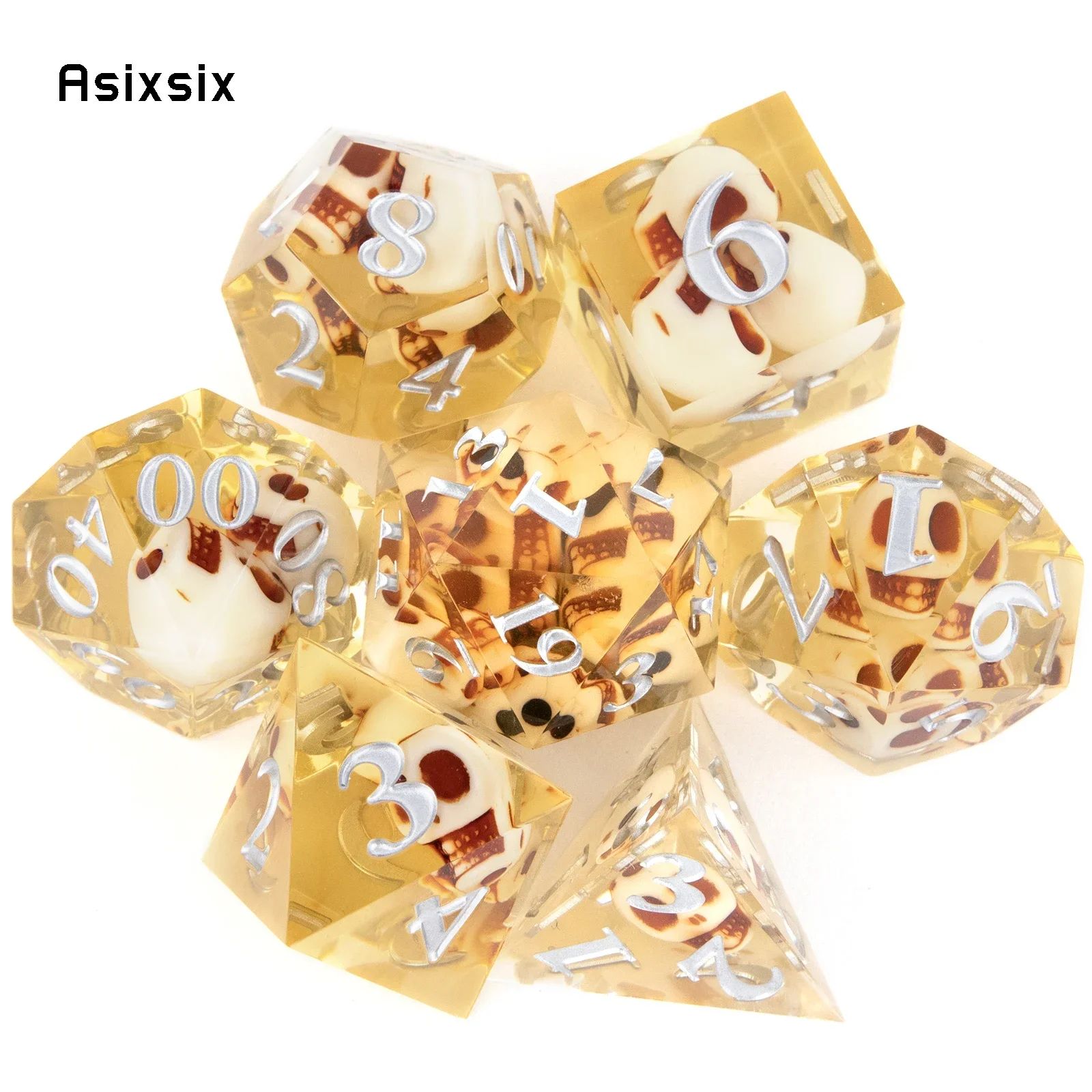 7 Pcs Yellow Skull Resin White Number Sharp Edge Dice Polyhedral Dice Suitable for Role-Playing RPG Board Game Gift
7 Pcs Yellow Skull Resin White Number Sharp Edge Dice Polyhedral Dice Suitable for Role-Playing RPG Board Game Gift
