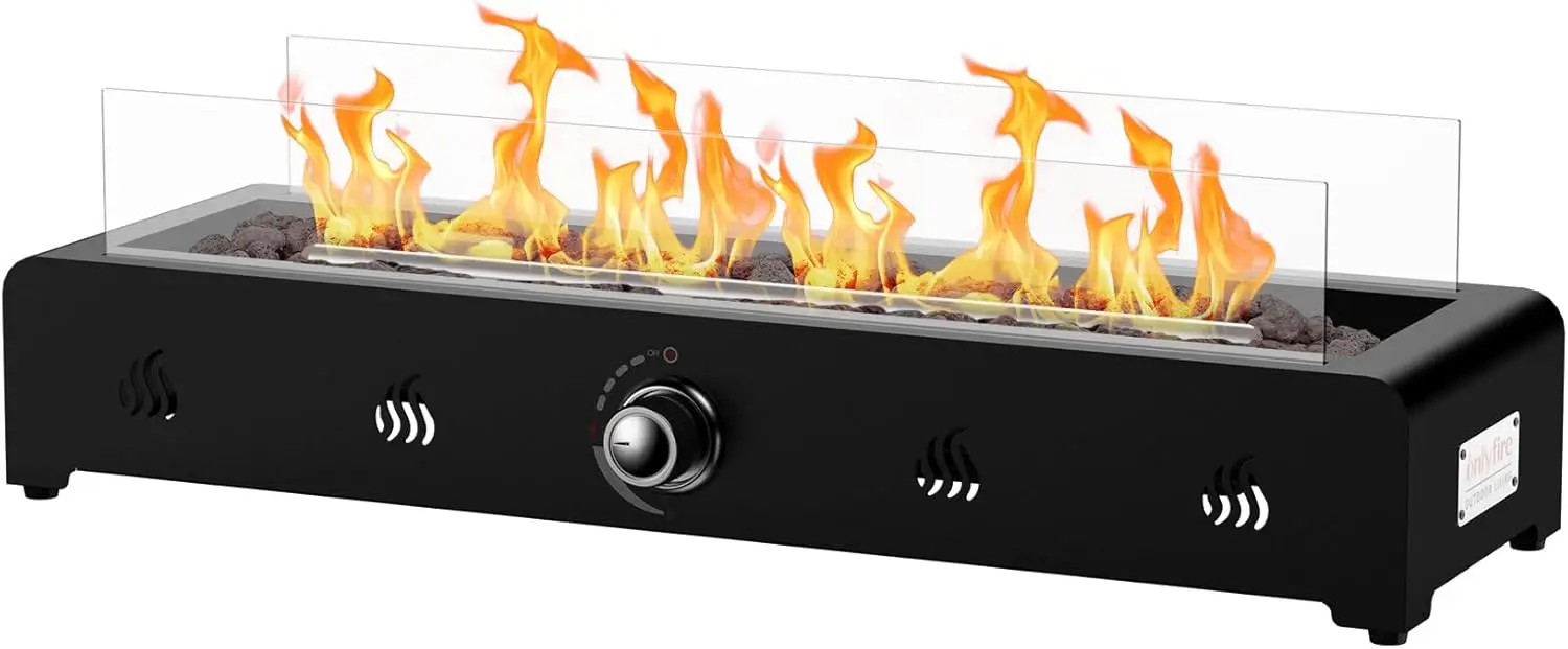 28'' Tabletop Fire Pit, Outdoor Propane Gas Firepit Side-Mounted for Most Tables, Glass Wind Guard and Lava Rock, Rectangular
28'' Tabletop Fire Pit, Outdoor Propane Gas Firepit Side-Mounted for Most Tables, Glass Wind Guard and Lava Rock, Rectangular