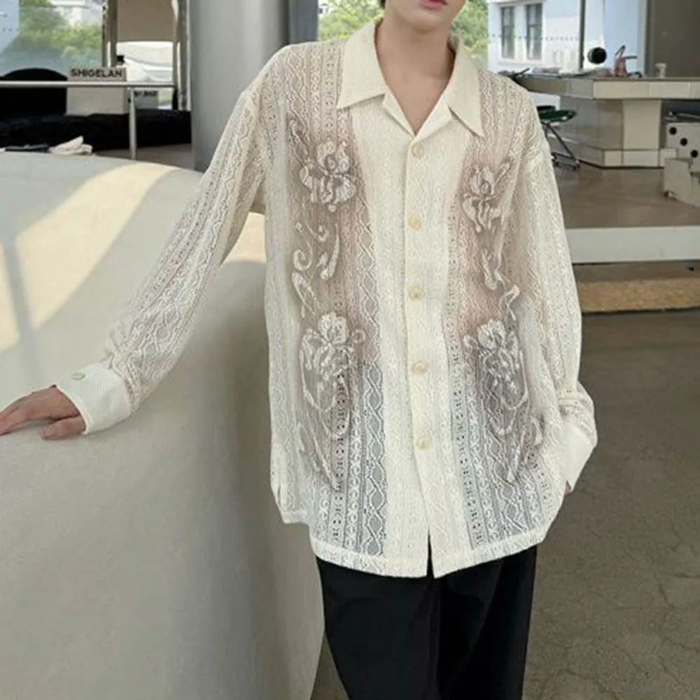 Autumn Men's Hollow Lace Long-Sleeved Shirt French Retro Unisex Fashion Trend High Street Loose Casual Niche Men's Tops 2025 
Autumn Men's Hollow Lace Long-Sleeved Shirt French Retro Unisex Fashion Trend High Street Loose Casual Niche Men's Tops 2025