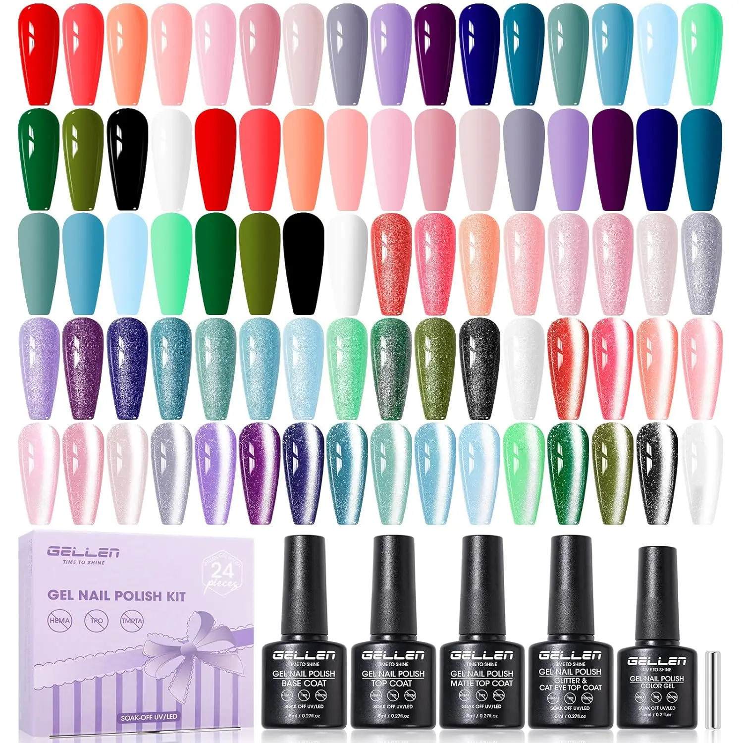 24pcs Gel Nail Polish Set, 20 Colors + 4 Top/Base Coats, 3-Free, Cat Eye, Matte, Glossy, All Seasons
24pcs Gel Nail Polish Set, 20 Colors + 4 Top/Base Coats, 3-Free, Cat Eye, Matte, Glossy, All Seasons