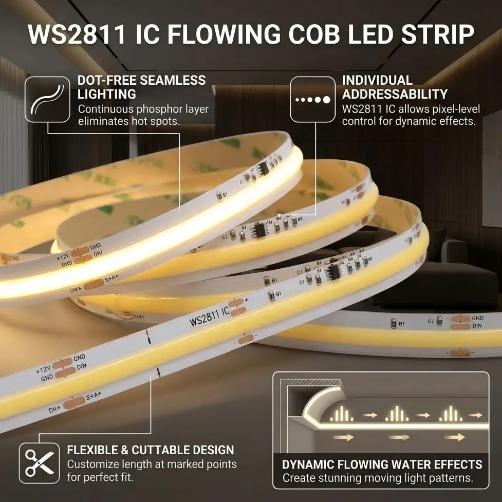 DC24V WS2811 IC COB LED Strip 360LEDs Addressable Running Water Flowing Light Flexible High Density Tape RA90 3000K/4000K/6000K
DC24V WS2811 IC COB LED Strip 360LEDs Addressable Running Water Flowing Light Flexible High Density Tape RA90 3000K/4000K/6000K