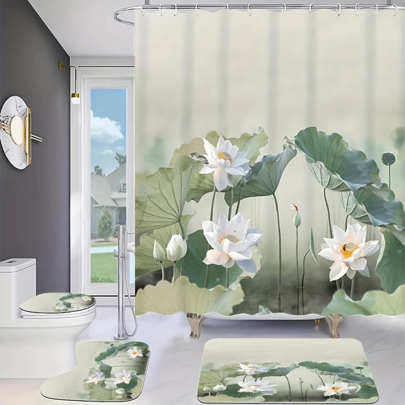 Роскошный набор занавесок для душа «Белый лотос» с 12 бесплатными крючками: включает в себя водонепроницаемый занавес, нескользящий коврик для ванной, чехол на сиденье унитаза, a 
Роскошный набор занавесок для душа «Белый лотос» с 12 бесплатными крючками: включает в себя водонепроницаемый занавес, нескользящий коврик для ванной, чехол на сиденье унитаза, a