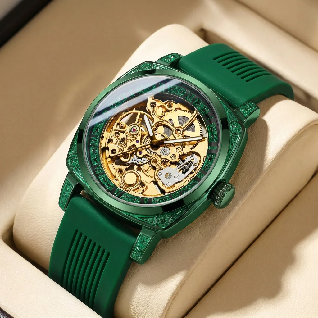 1pcs Men's gold dial silicone strap vintage fashion skeleton gear luxury details Mechanical Watch for daily business party holid
1pcs Men's gold dial silicone strap vintage fashion skeleton gear luxury details Mechanical Watch for daily business party holid