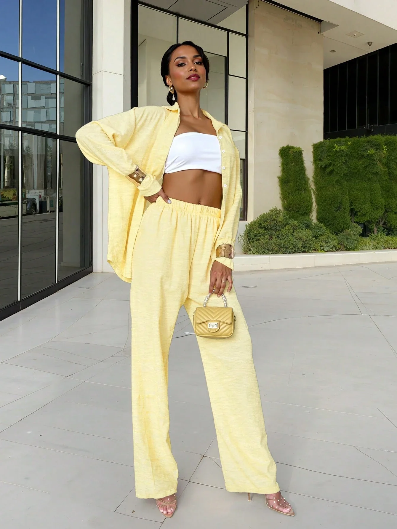 Women's Casual 2 Piece Set: Long Sleeve Button-Down Shirt And Elastic Waist Wide Leg Pants
Women's Casual 2 Piece Set: Long Sleeve Button-Down Shirt And Elastic Waist Wide Leg Pants