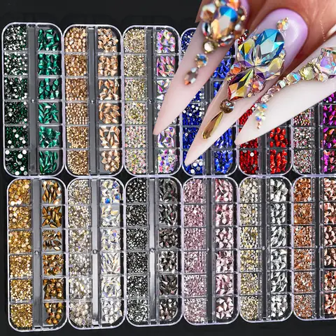 12Grids Mixed-Shape Crystal Nail Art Rhinestones Pink/Red Flatback Nail Gems Luxury Diamond Glass Stones Manicure Decoration