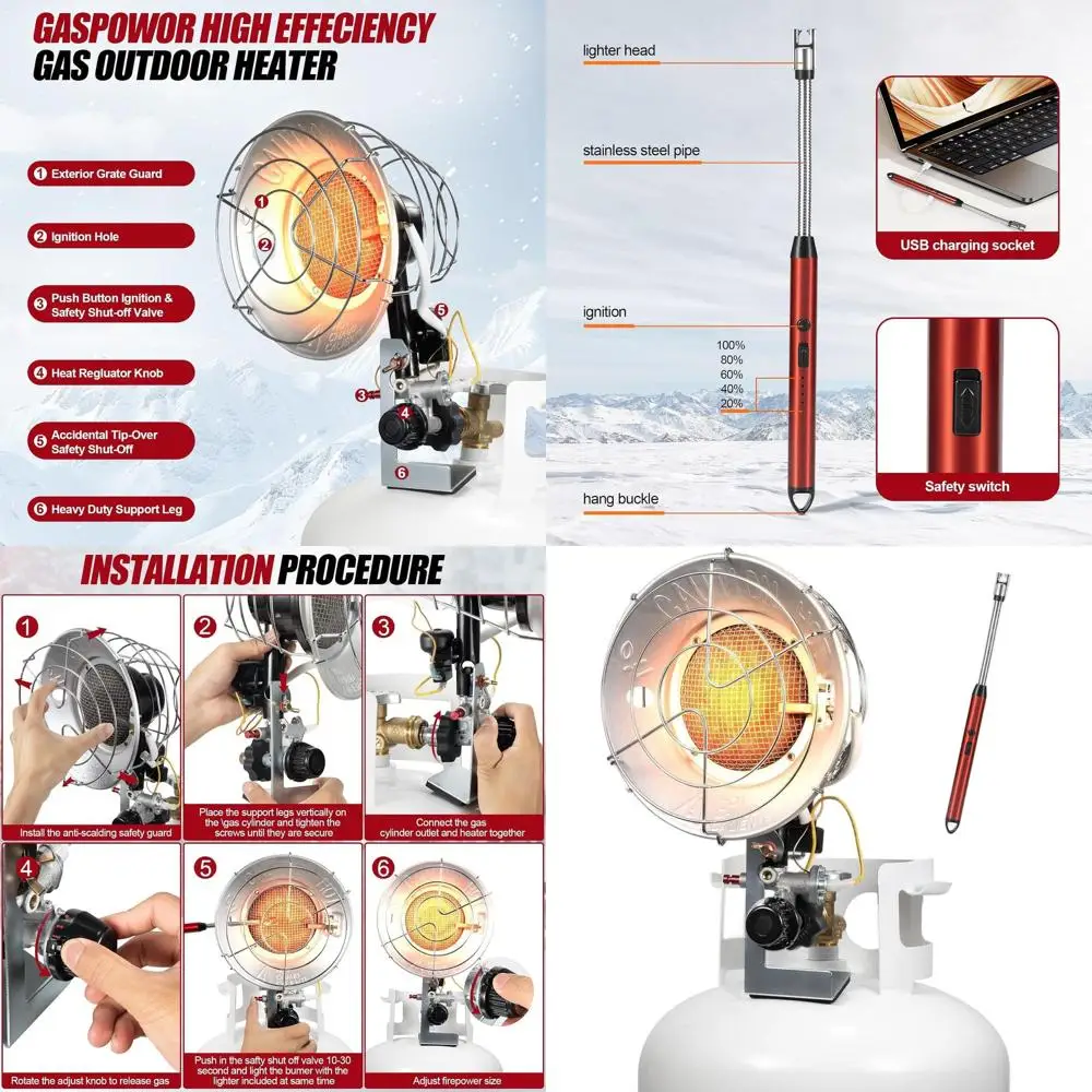 Portable Propane Heater, 12-18k BTU, USB Lighter, Safety Features, Ideal for Outdoor and RV Use
Portable Propane Heater, 12-18k BTU, USB Lighter, Safety Features, Ideal for Outdoor and RV Use