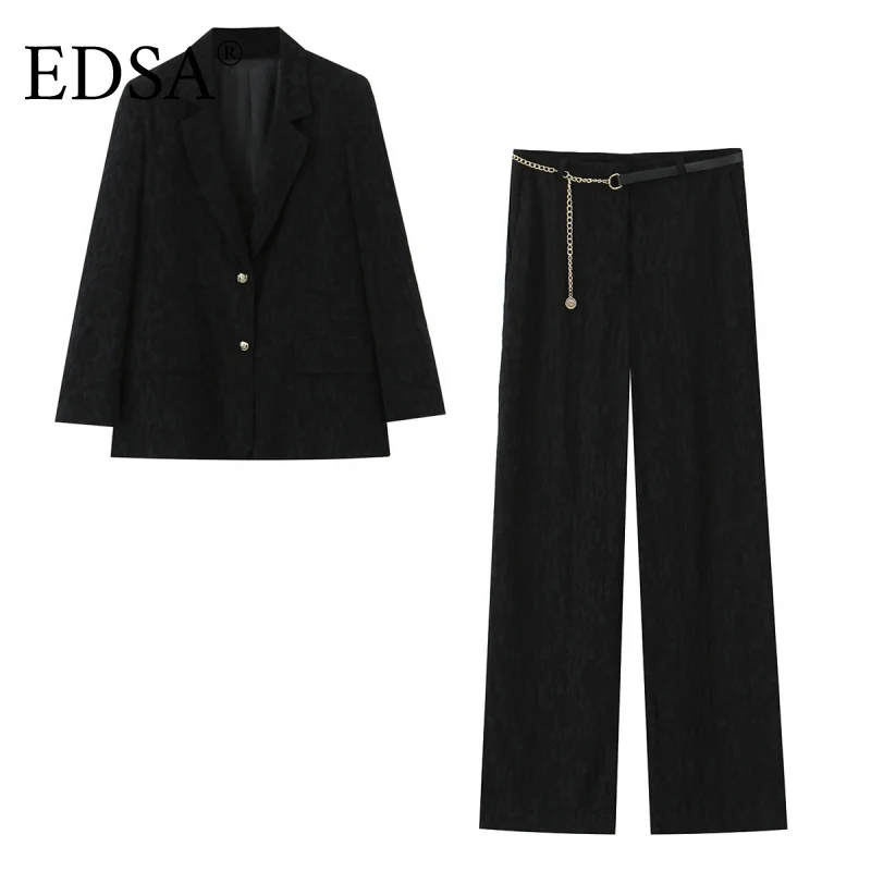 EDSA Women Black Pants Set for Office Lady Single Breasted Blazer Jacket Coat High Waist Long Trousers with Chain Belt Suits
EDSA Women Black Pants Set for Office Lady Single Breasted Blazer Jacket Coat High Waist Long Trousers with Chain Belt Suits