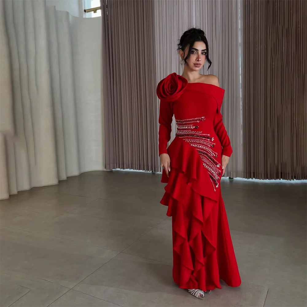 Elegant Wedding Party Dress Red Jersey Off The Shoulder Mermaid Formal Evening Gowns Long Ruffle Women's Prom Dresses Customized
Elegant Wedding Party Dress Red Jersey Off The Shoulder Mermaid Formal Evening Gowns Long Ruffle Women's Prom Dresses Customized