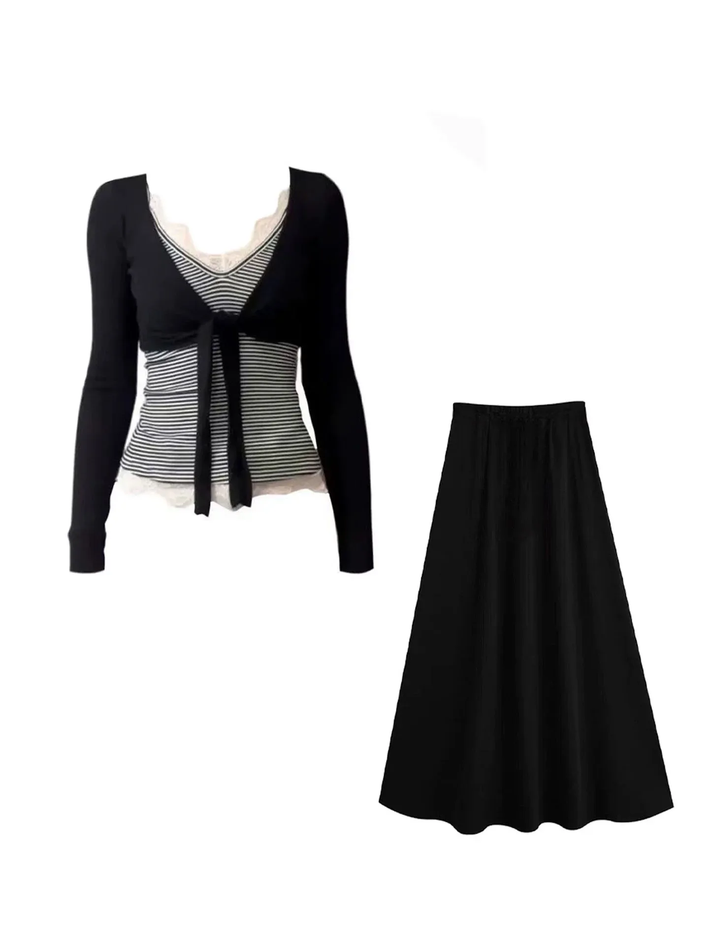 Korean Sweet Spicy Lace Patchwork Striped Sleeveless Cardigan Top Women's A-Line Skirt Three-Piece Set Spring Fashion
Korean Sweet Spicy Lace Patchwork Striped Sleeveless Cardigan Top Women's A-Line Skirt Three-Piece Set Spring Fashion