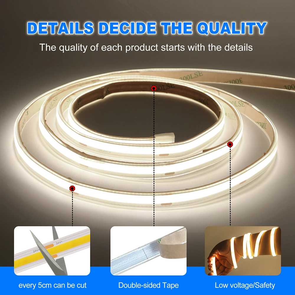 DC 12V 24V COB LED Strip Light RA90 480Leds/M Warm Natural White High Density Flexible Tape Linear Lighting 0.5m 1m 2m 3m 4m 5m
DC 12V 24V COB LED Strip Light RA90 480Leds/M Warm Natural White High Density Flexible Tape Linear Lighting 0.5m 1m 2m 3m 4m 5m