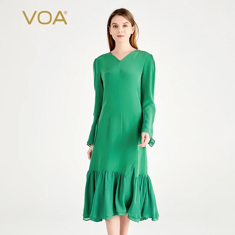 (Fans Exclusive Discount) VOA Heavyweight Silk Green V-Neck Flare Long Sleeve Dresses Women Elegant Trumpet Mermaid Dress AE1969
(Fans Exclusive Discount) VOA Heavyweight Silk Green V-Neck Flare Long Sleeve Dresses Women Elegant Trumpet Mermaid Dress AE1969