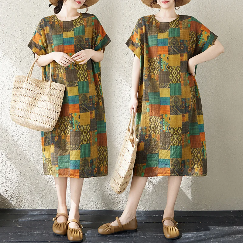 Summer New plus Size Women's Cotton Linen Print Dress Knee-Length Short Sleeve Artistic Style Citywalk Straight Cut Gown
Summer New plus Size Women's Cotton Linen Print Dress Knee-Length Short Sleeve Artistic Style Citywalk Straight Cut Gown