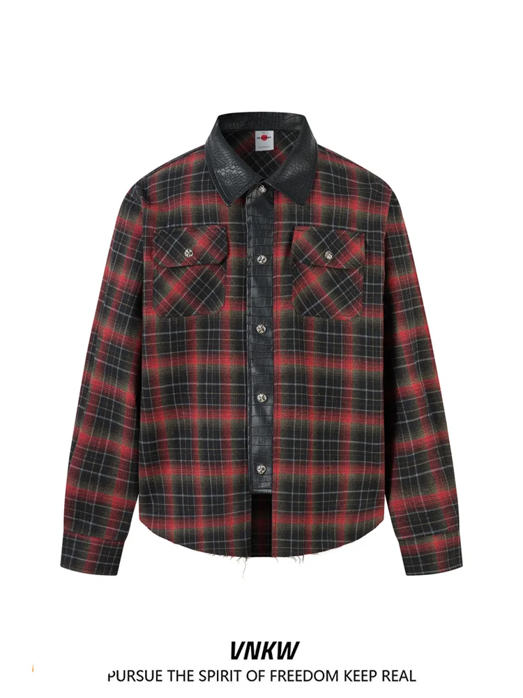 Retro American Plaid Splicing Leather Collar Jaet Loose Casual irt Collar Men's Faion Brand Heavyweight Casual Coat
Retro American Plaid Splicing Leather Collar Jaet Loose Casual irt Collar Men's Faion Brand Heavyweight Casual Coat